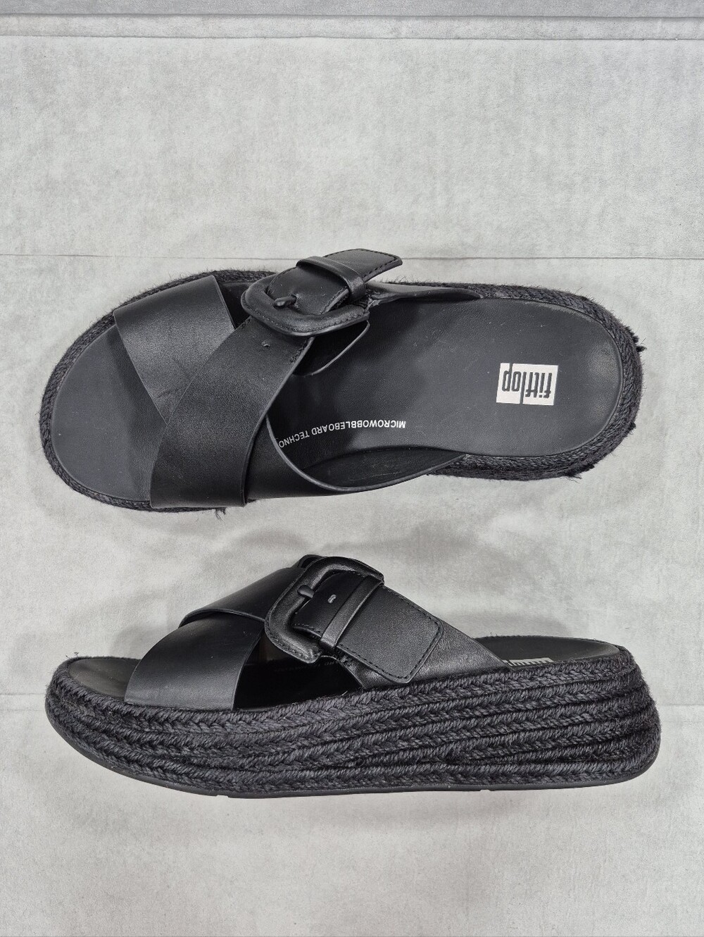 Fitflop espadrille slide sandal women's 6 black leather criss cross buckle strap